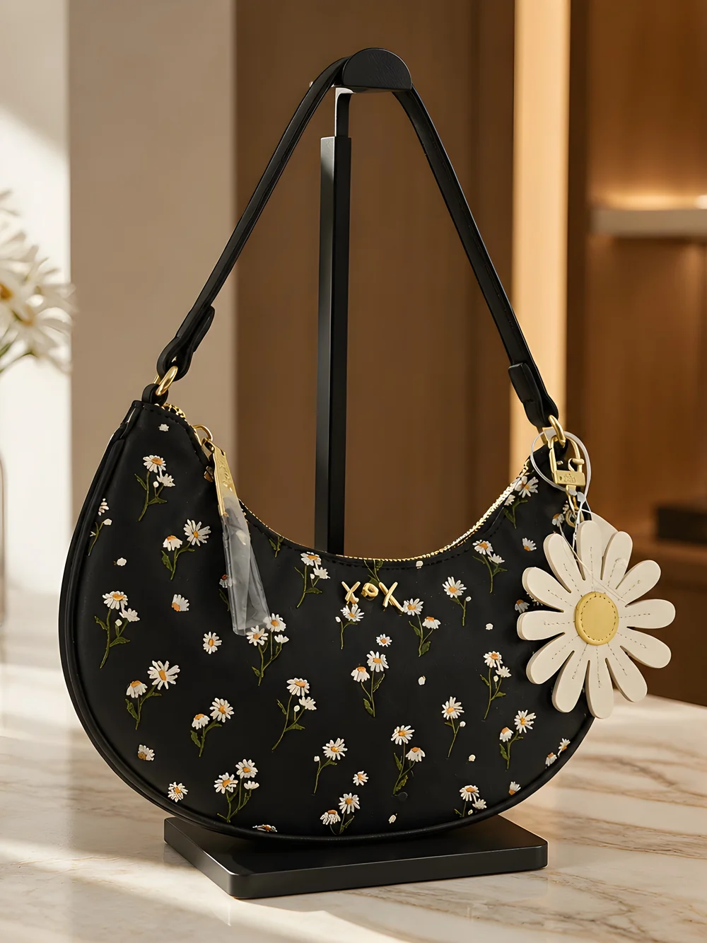 Betsey Johnson Black Daisy Crescent Shoulder Bag with Cream Charm